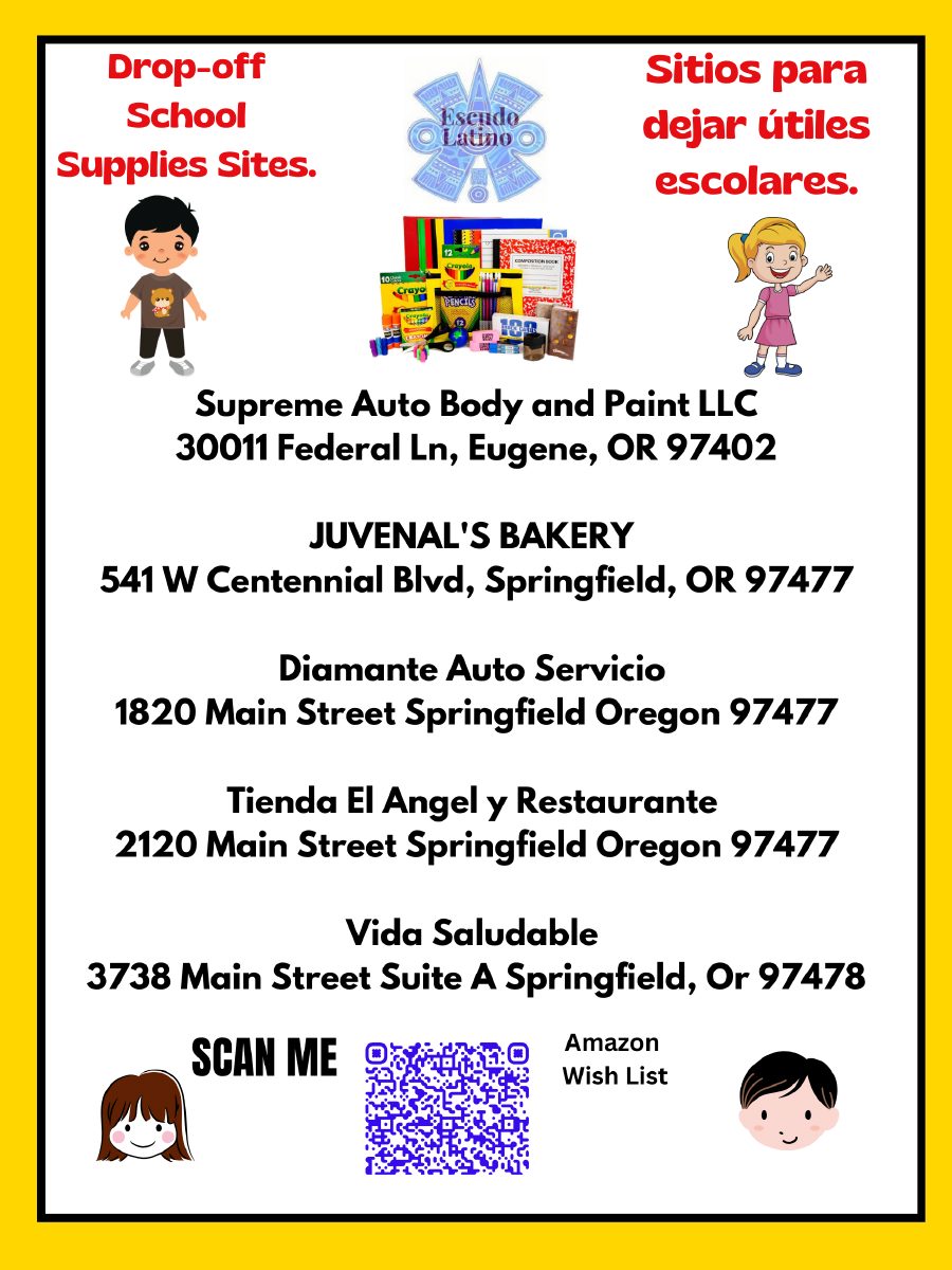 Escudo Latino school supply drop-off sites, bilingual flier