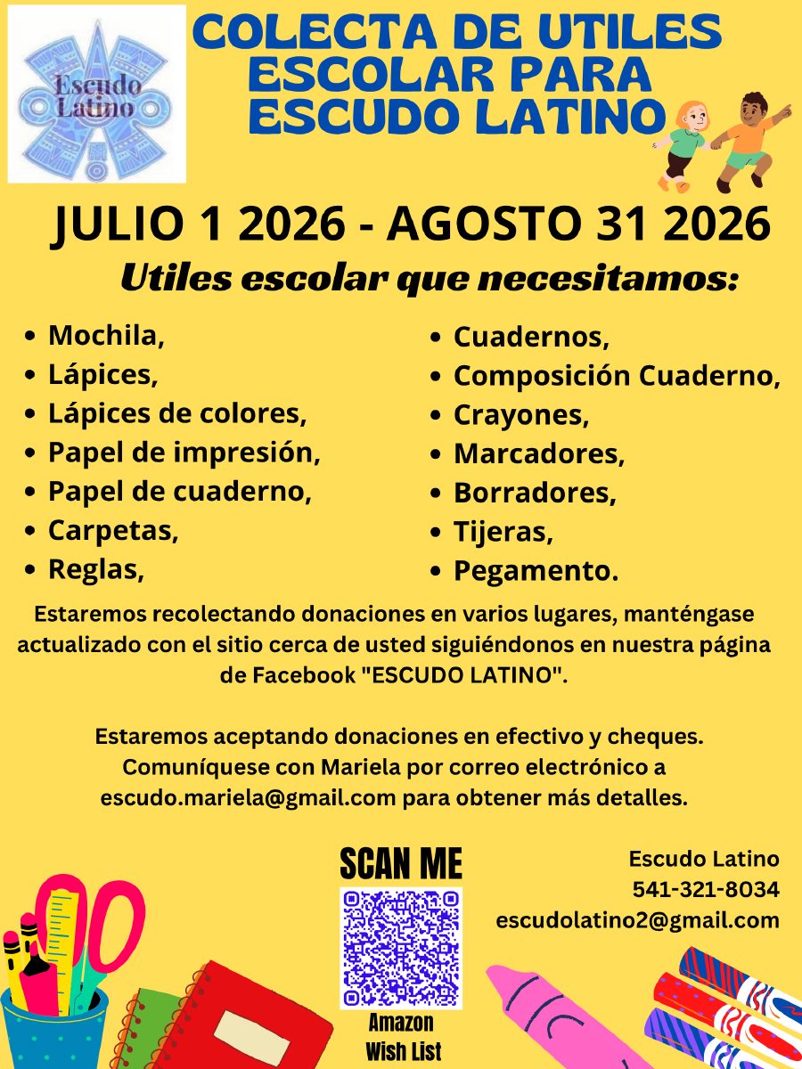 Colecta de utiles escolar para Escudo Latino, volante en espanol
