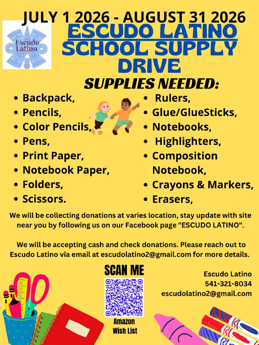 Escudo Latino 2026 School Supply Drive flier, English